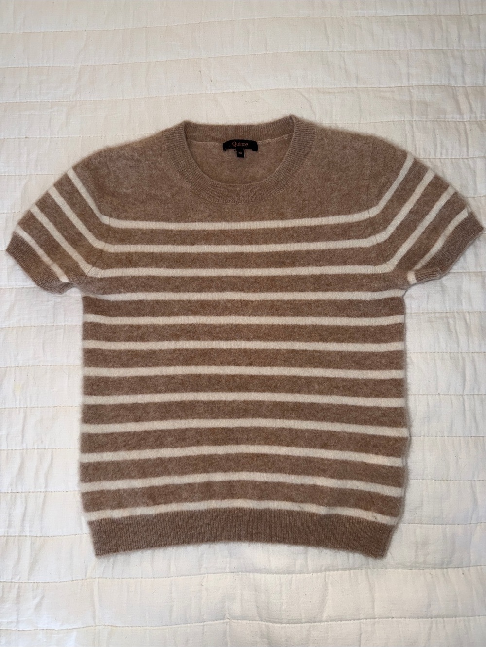 Quince Short-Sleeve 100% Cashmere Crewneck Sweater in Taupe and Cream Stripes